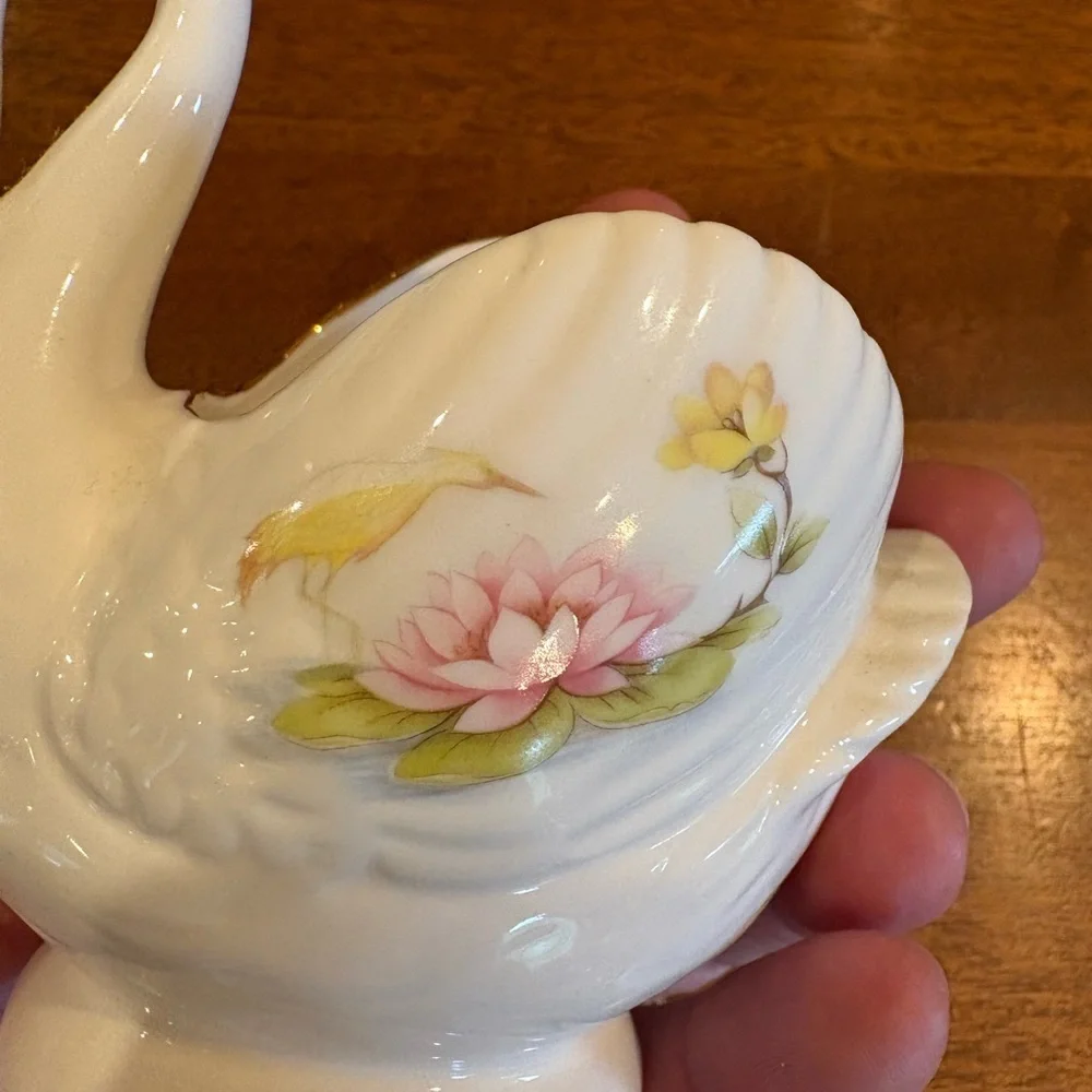 Swan hand-painted yellow crane and a pink water lily bone china planter